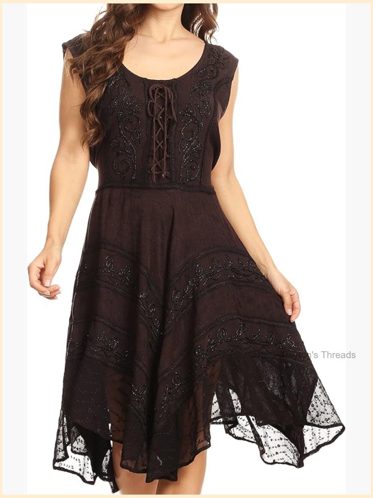 Boho Embroidered Rayon Midi Dress With Handkerchief Hem